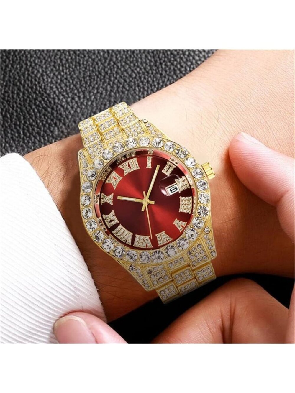 Men's 42mm Gold Red Iced-Out Bling Diamond Luxury Quartz Elegant Wrist Watch - Picture 2 of 3